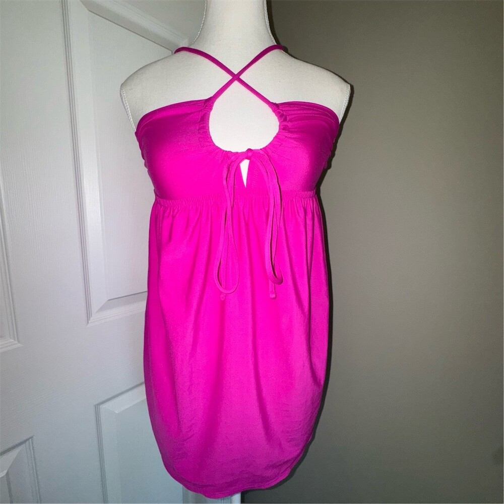 Salt + Cove Womens Cover Up Size M Hot Pink Halter Mini Keyhole Tie Front Barbie